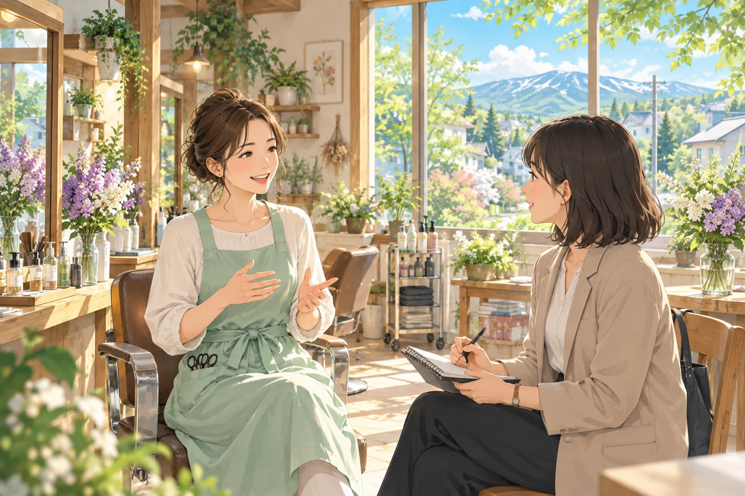 美容サロンのオーナーへ取材する様子のオリジナルアニメーションイメージ