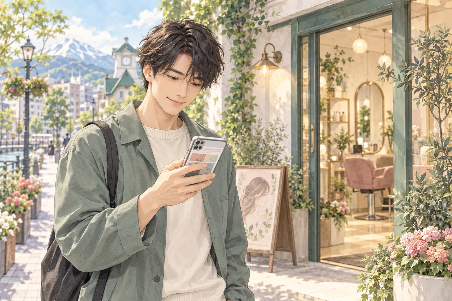 スマートフォンでサロンを探し、自分に合うお店との出会いを楽しむ男性のイメージ